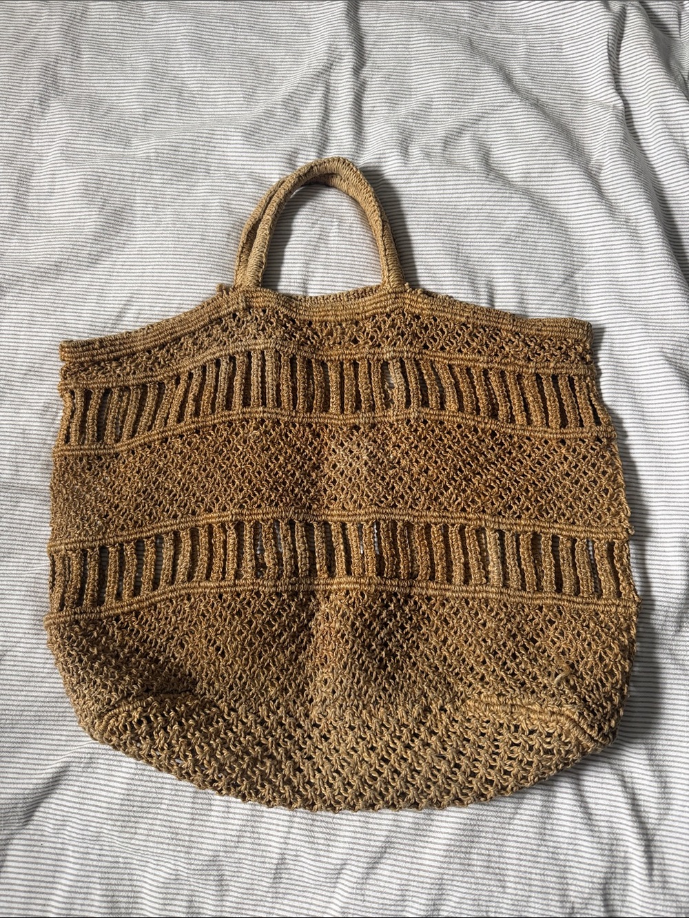 Handwoven Tan Straw Tote Bag with Top Handles